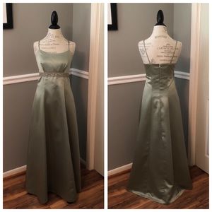 SAGE GREEN SATIN SLEEVELESS BEADED WAIST BALL GOWN